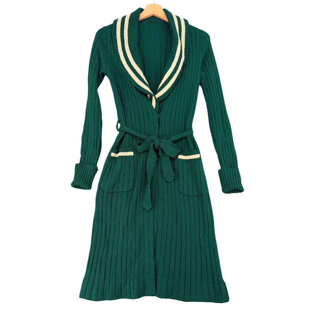 Vintage ILGWU Union Made Green Ribbed Knit Collar Duster Cardigan Sz 7 Academia
